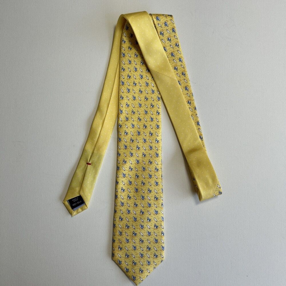 Sharks & Surfboards Silk Necktie Yellow Blue Tommy Hilfiger Funny Beach Coastal - Picture 2 of 9